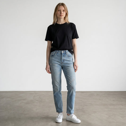 Pantalon Jean Azulino claro con manchas en crema